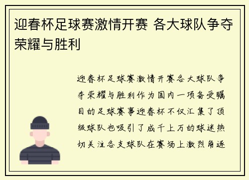 迎春杯足球赛激情开赛 各大球队争夺荣耀与胜利