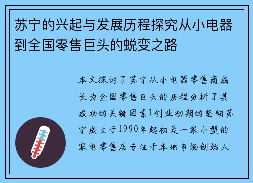 苏宁的兴起与发展历程探究从小电器到全国零售巨头的蜕变之路