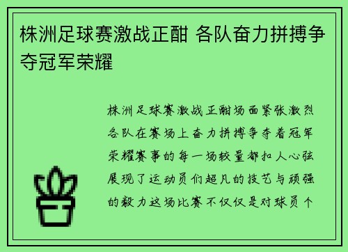 株洲足球赛激战正酣 各队奋力拼搏争夺冠军荣耀