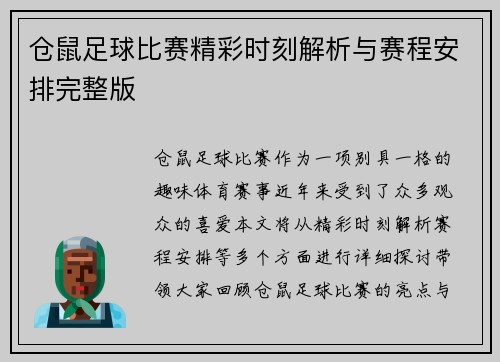 仓鼠足球比赛精彩时刻解析与赛程安排完整版