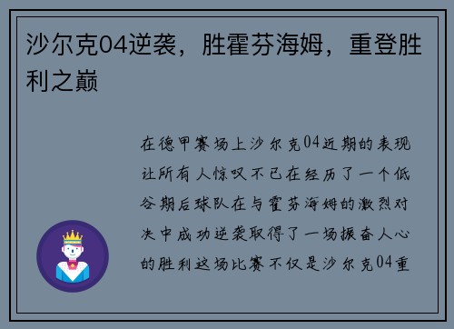 沙尔克04逆袭，胜霍芬海姆，重登胜利之巅