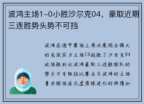 波鸿主场1-0小胜沙尔克04，豪取近期三连胜势头势不可挡