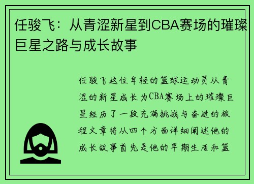 任骏飞：从青涩新星到CBA赛场的璀璨巨星之路与成长故事