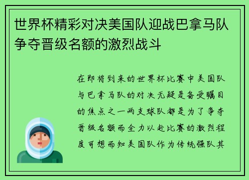世界杯精彩对决美国队迎战巴拿马队争夺晋级名额的激烈战斗