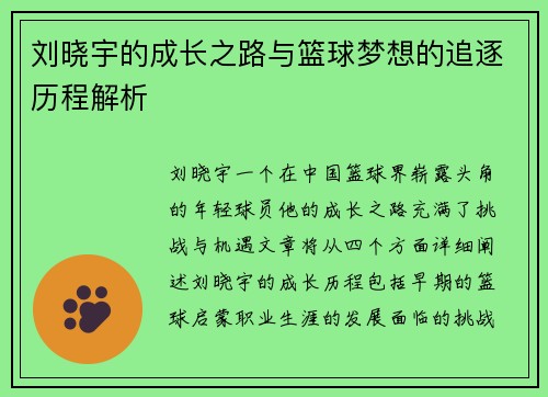 刘晓宇的成长之路与篮球梦想的追逐历程解析