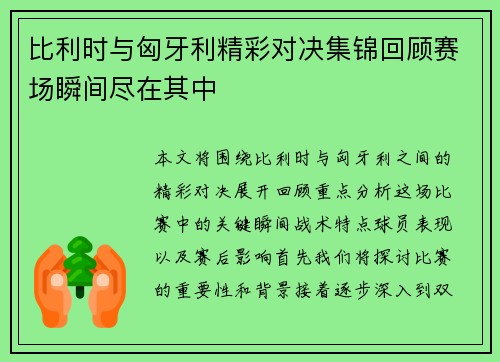 比利时与匈牙利精彩对决集锦回顾赛场瞬间尽在其中