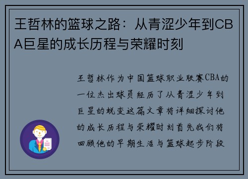 王哲林的篮球之路：从青涩少年到CBA巨星的成长历程与荣耀时刻