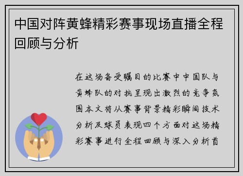 中国对阵黄蜂精彩赛事现场直播全程回顾与分析