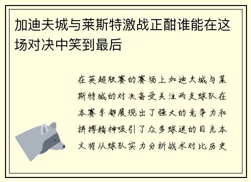 加迪夫城与莱斯特激战正酣谁能在这场对决中笑到最后